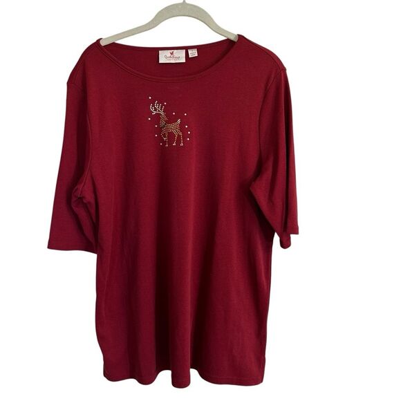 Quacker Factory Red‎ Christmas Reindeer Shirt Bling Rhinestones Large - Picture 1 of 9